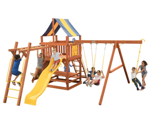 Parrot Island Fort w/Wood Roof, 4×4 Monkey Bars and Yellow Wave Slide