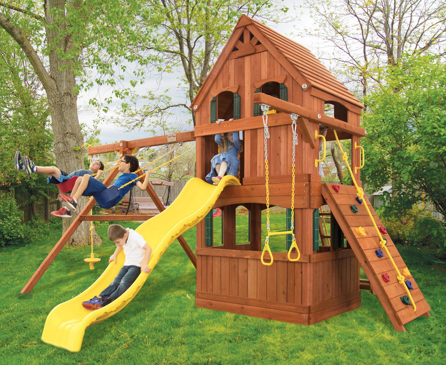 Parrot Island Fort w Wood Roof Treehouse  Panels Playhouse Panels and Yellow Wave Slide  