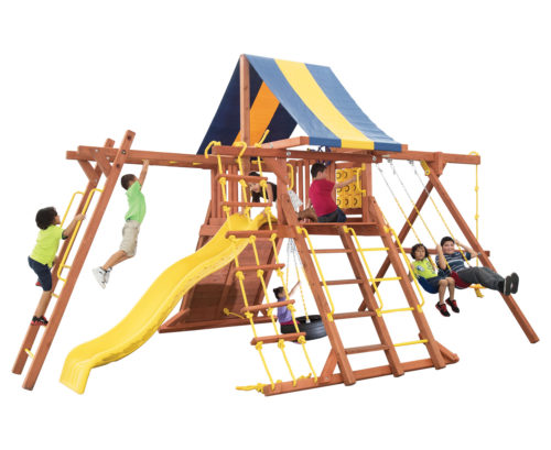 Parrot Island Playcenter w/BYB Tarp, 4×4 Monkey Bars and Yellow Wave Slide