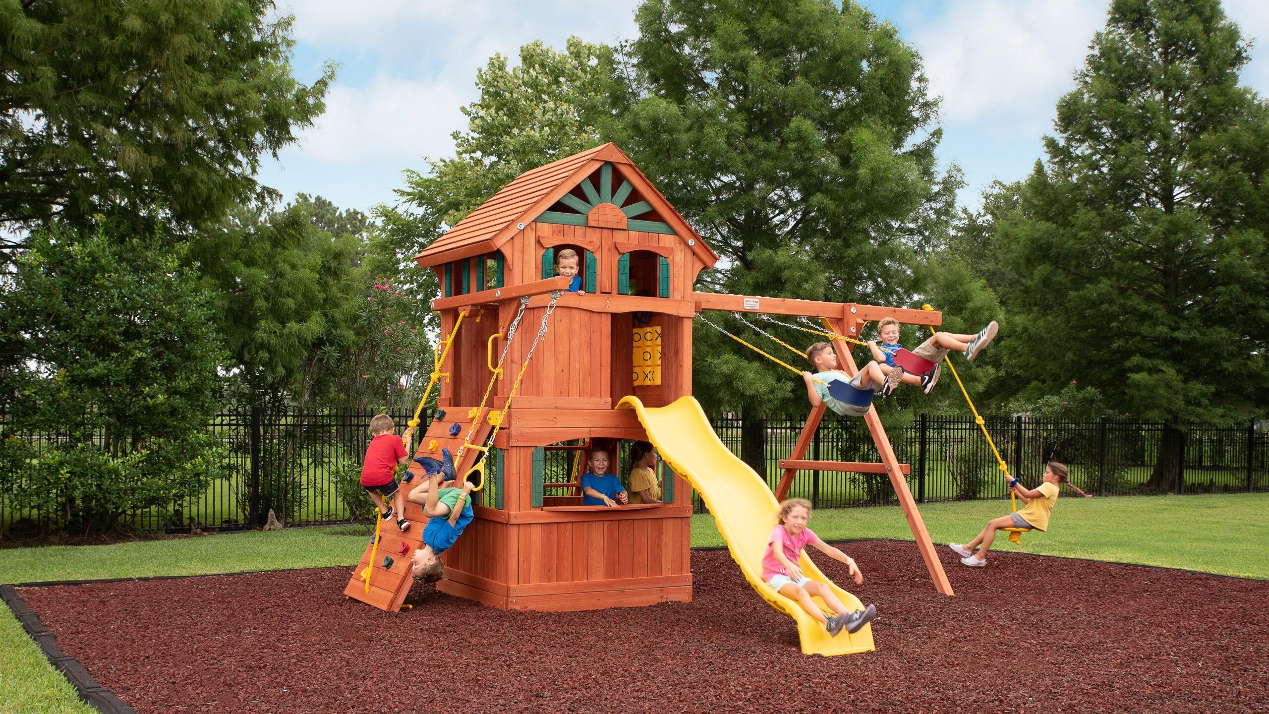 Parrot Island Fort w/Wood Roof, Treehouse Panels, Playhouse Panels and Yellow Wave Slide
